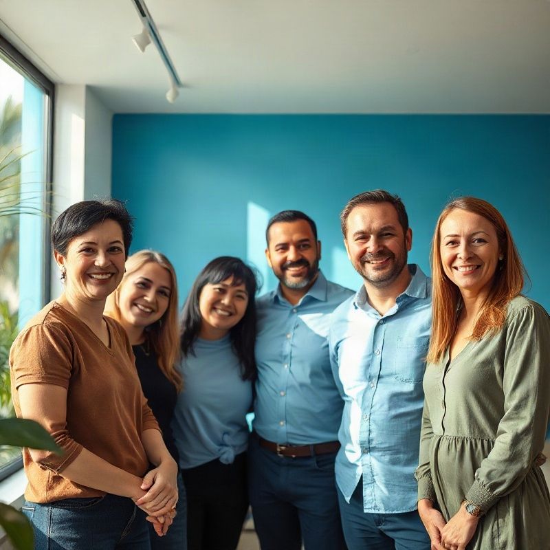 Retrato da equipe familiar da Pulseubeta em ambiente iluminado por luz natural